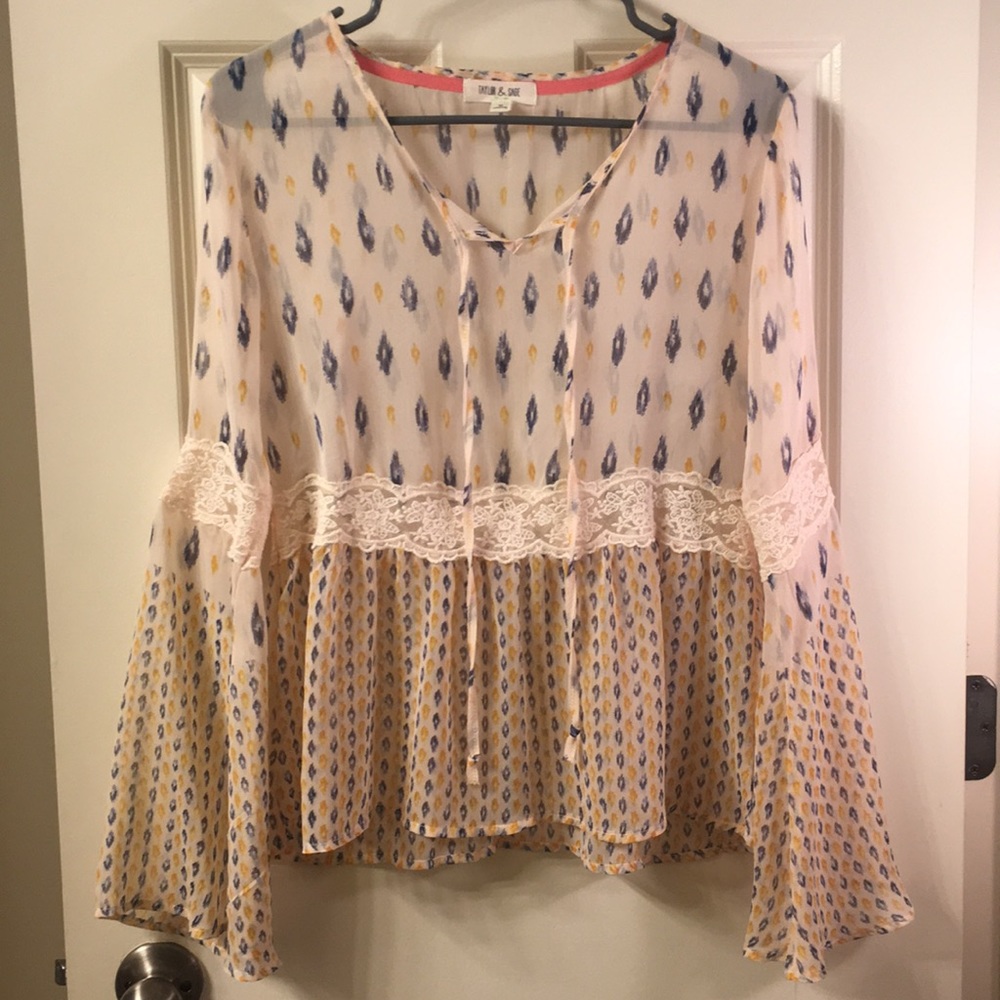 Sheer ikat and lace top